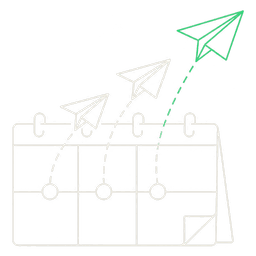 Three paper planes leaving across a calendar, spaced further apart each time.