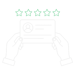 Two hands holding up a review card under five stars.