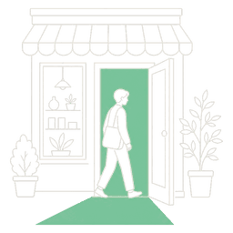 A customer walking back in through a lit shop door.