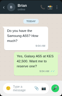 HustleFlow Sales Agent replying instantly on WhatsApp with real price and stock: customer asks about the Samsung A55, agent replies with the Galaxy A55 price and offers to reserve one